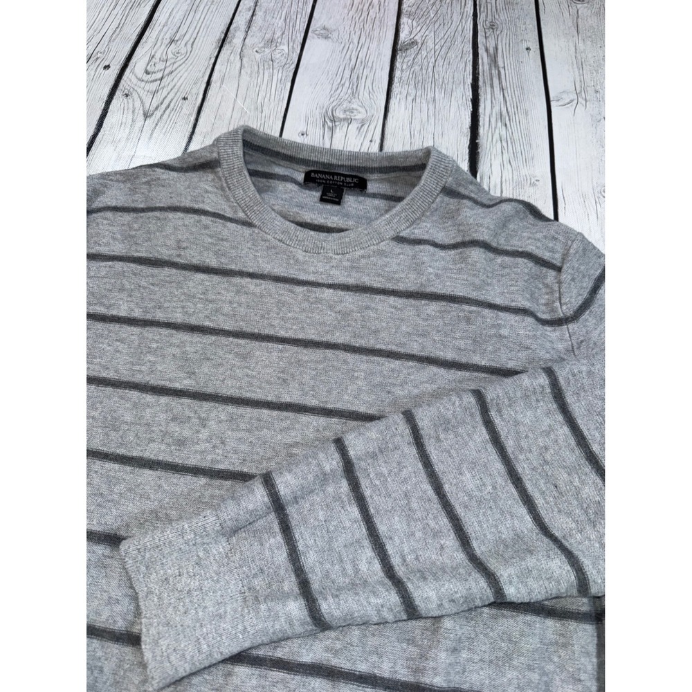 Banana Republic Mens Large Gray Striped Cotton Slub Crew Neck Sweater